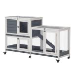 Coelheira de Madeira com Rodas 147x45,5x88,5cm Gaiola para Coelhos de 2 Níveis com Teto Abatível 2 Cercados de Metal 3 Bandejas Removíveis 3 Portas com Trava e Rampa Cinza