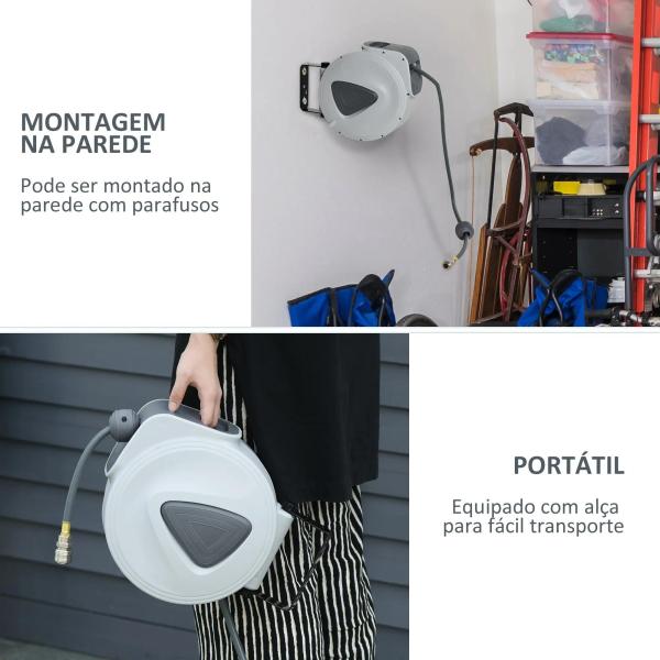Carretel de Mangueira de Ar Comprimido Automático de 15m Conector de 1/4'' BSP com Suporte para Parede Giratório 180° Diámetro Interno 3/8'' (9,5x15 mm) Cinza