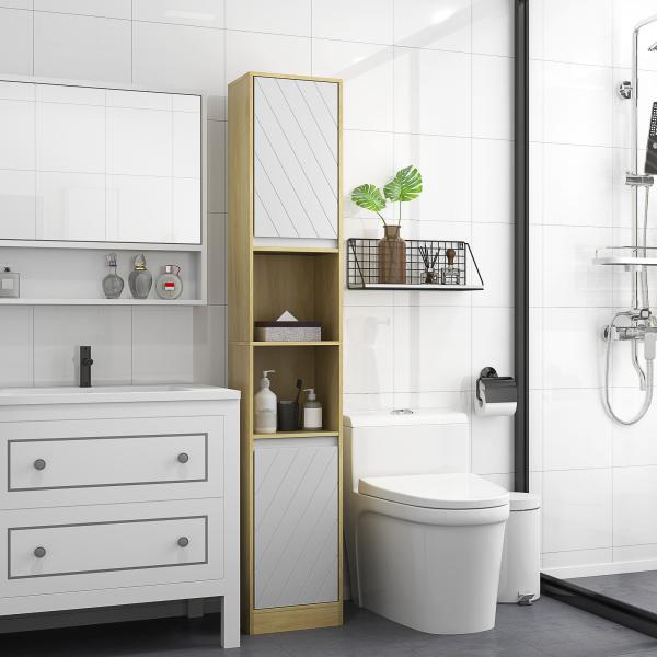Coluna Casa de Banho com 2 Prateleiras Abertas Armário Alto para Casa de Banho 30x24x170 cm Madeira e Branco