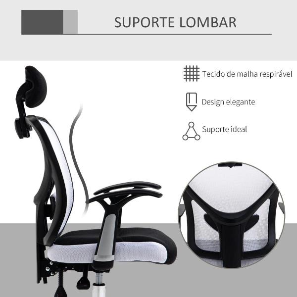 Cadeira de Escritório Ergonômica Cadeira de Escritório Giratória com Altura Ajustável Função Reclinável Apoio para a Cabeça e Suporte Lombar 65x67x108 - 118cm Branco