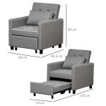 Sofá - cama Individual Poltrona com encosto reclinável Almofada removível Assento acolchoado e 4 rodas 69x82.5x84 cm Cinza