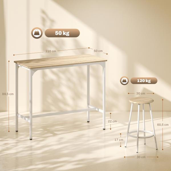 Conjunto de Móveis Altos de Bar com 5 Peças Mesa de Refeição Industrial e 4 Bancos Redondos Madeira e Branco
