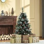 Árvore de Natal Artificial 120cm com 239 Ramas 27 Pinhas e 27 Frutinhas Folhas de PVC PE Base Dobrável e Suporte Metálico Decoração de Natal para Interiores Verde