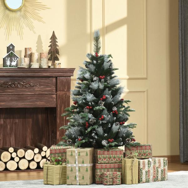 Árvore de Natal Artificial 120cm com 239 Ramas 27 Pinhas e 27 Frutinhas Folhas de PVC PE Base Dobrável e Suporte Metálico Decoração de Natal para Interiores Verde