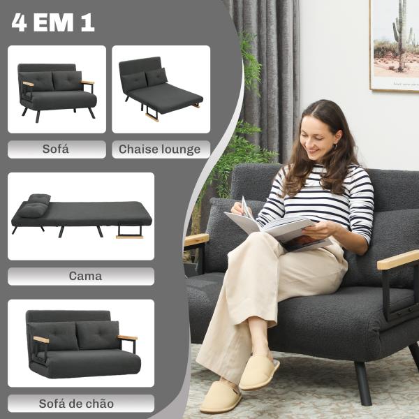 Sofá Cama Sofá Convertível em Cama de 2 Lugares Dobrável com Encosto Ajustável em 5 Níveis e 2 Almofadas 102x73x81 cm Cinza