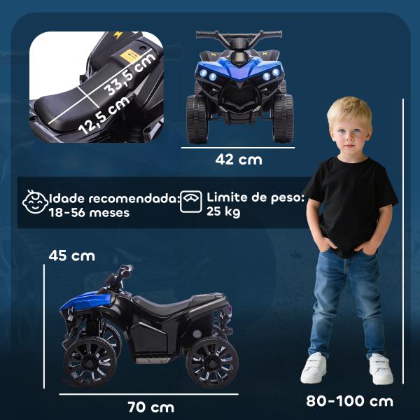Quadriciclo Elétrico para Crianças 6 V Quadriciclo para Crianças com Velocidade até 3 km/h Faróis e Música 70x42x45 cm Azul
