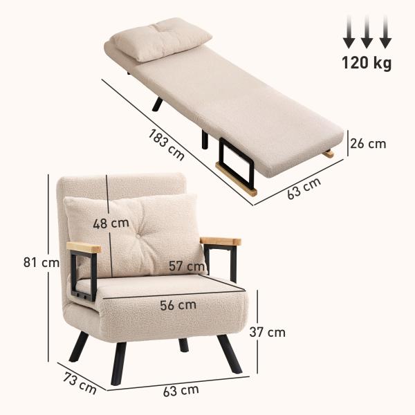 Poltrona Convertível em Cama Poltrona 3 em 1 Convertível em Cama com Encosto Ajustável em 5 Níveis 63x73x81 cm Bege