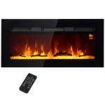 Lareira Elétrica de Parede, Aquecedor 1800W, Chama LED 3D, Cristais, 3 Cores, 5 Níveis de Brilho, Comando, Temporizador, Ecrã Tátil, Preto