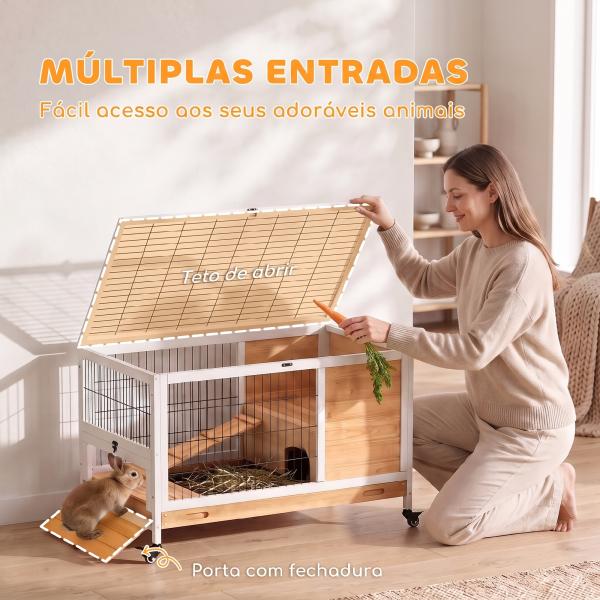 Coelheira de Madeira Gaiola de para Pequenos Animais Portátil com Teto Abatível Rampa Bandeja Amovível 90x53x59cm Madeira