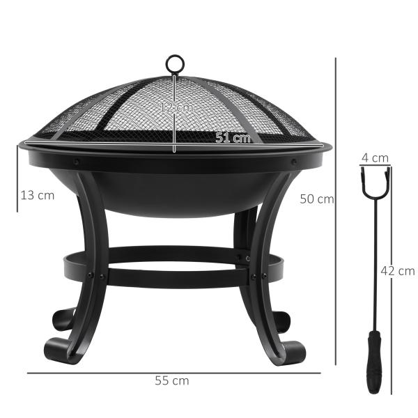 Braseiro de Exterior de Aço com Tampa Protetora e Atiçador para Fogueiras na Varanda Campismo Ø55x50 cm Preto