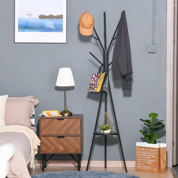 Cabide de Pé Metálico para Pendurar Roupa Bolsas com 9 Ganchos e Prateleira Cabide de Pé Moderno 45x45x180 cm Preto