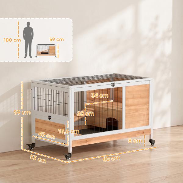 Coelheira de Madeira Gaiola de para Pequenos Animais Portátil com Teto Abatível Rampa Bandeja Amovível 90x53x59cm Madeira