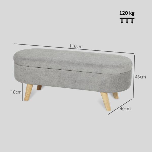 Banco para Pé de Cama Banco de Armazenamento com Pés de Madeira e Assento Acolchoado 110x40x43 cm Cinzento