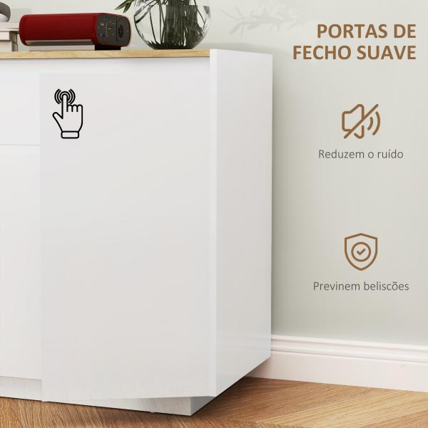 Aparador de Sala de Estar com 4 Portas Gaveta e Prateleiras Ajustáveis 140x40x75 cm Madeira e Branco Brilhante