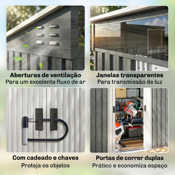 Abrigo de Jardim Exterior 2 m² 195x122x181,5 cm Abrigo Metálico com Base SEM CHÃO 2 Portas de Correr Janelas Cinza Claro