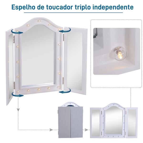 Espelho de Maquilhagem com Luz LED Dobrável Espelho Triplo de Mesa Presente Original para Mulher, 73x53,5x4,5cm