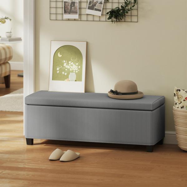 Banco de arrumação banco de fim de cama em veludo cotelê com tampa, para sala, quarto, entrada, 112 x 42 x 40 cm, cinza