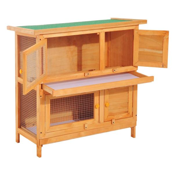 Coelheira de Madeira Exterior de 2 Níveis Gaiola para 1 - 2 Coelhos Animais Pequenos com Teto Asfáltico Dobrável e 2 Bandejas Removíveis 90x45x90cm Madeira