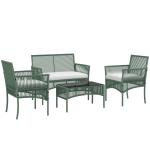 Conjunto de Jardim Exterior em Ratan Sintético com 2 Poltronas 1 Sofá de 2 Lugares 1 Mesa de Centro e Almofadas Verde