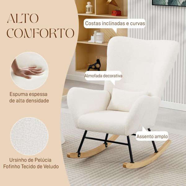 Poltrona Baloiço em Borrego Poltrona para Amamentação com Encosto Acolchoado Almofada e Base de Madeira de Borracha 67x82x100 cm Creme