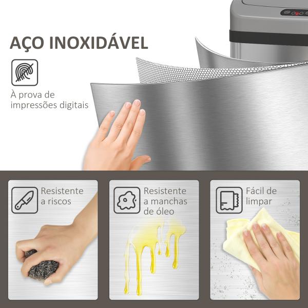 Balde de Lixo Automático para Cozinha 48 L Sensor Infravermelho Fechamento Automático Antimarcas Aço Inoxidável 33x25x69 cm Prata