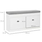 Banco Sapateira com Armazenamento para 8 Pares de Sapatos com 2 Gavetas Prateleiras Ajustáveis e Almofada 104x24x55cm Branco
