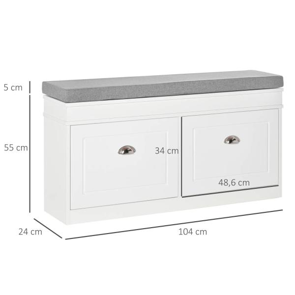 Banco Sapateira com Armazenamento para 8 Pares de Sapatos com 2 Gavetas Prateleiras Ajustáveis e Almofada 104x24x55cm Branco