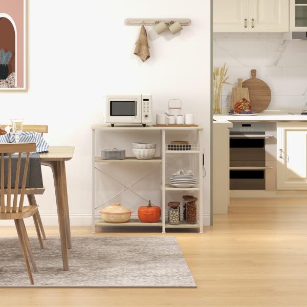 Estante de Cozinha com 1 Cesto 4 Ganchos em S 6 Pés com Almofadas Ajustáveis e Prateleiras 90x40x84,5 cm Carvalho e Branco