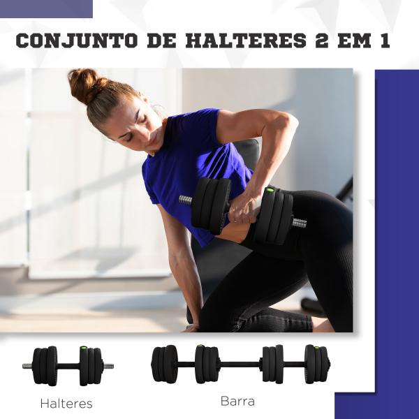 Kit de Halteres 20kg 2 em 1 com Barra de Pesos Pega Antiderrapante para Treino de Força Preto Verde