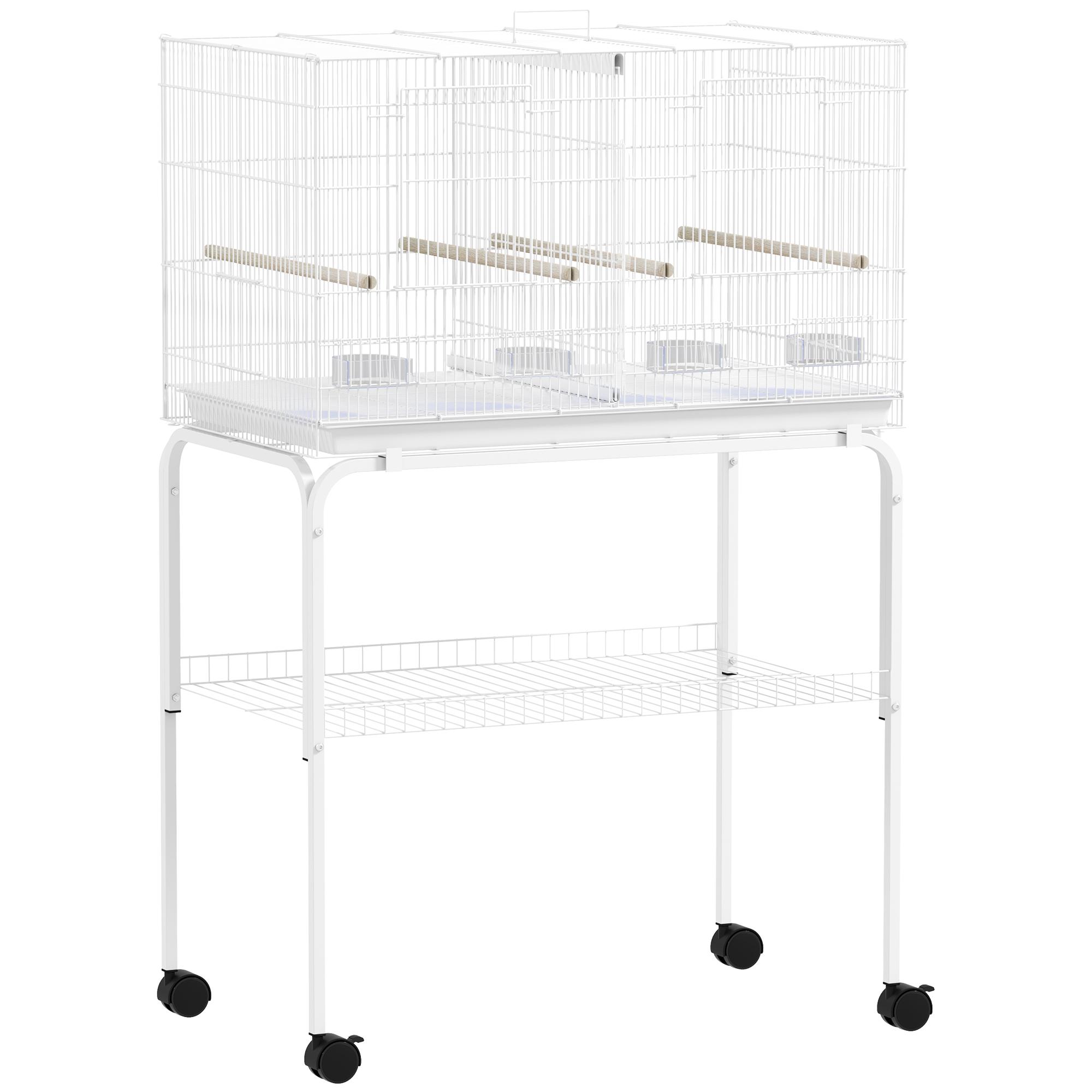 Gaiola para Pássaros com Divisória Rodas Gaiola para Aves com Comedouros Poleiros e Bandeja Removível 76x46x116 cm Branco