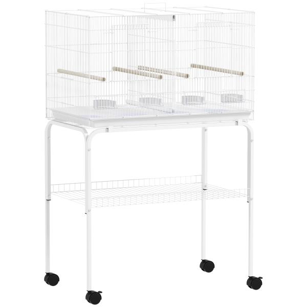 Gaiola para Pássaros com Divisória Rodas Gaiola para Aves com Comedouros Poleiros e Bandeja Removível 76x46x116 cm Branco