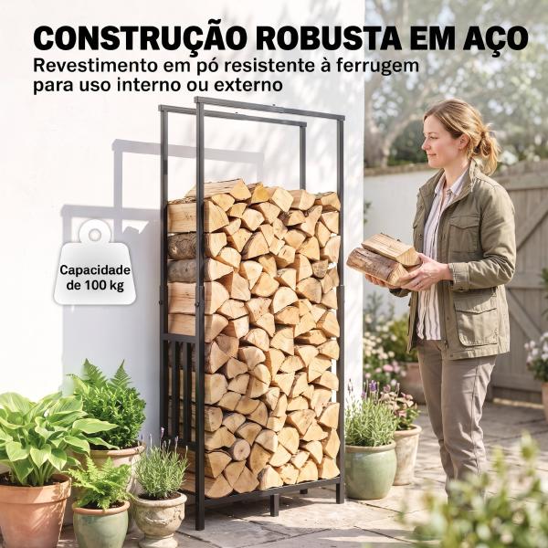 Lenheiro Exterior em Aço Resistente para Lenha com Largura e Altura Ajustáveis, Carga 100 kg, 45,5 - 75,5x25x98 - 170 cm, Preto