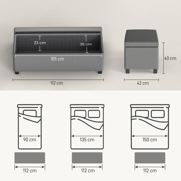 Banco de Arrumação Capacidade de 84 L Estofado em Veludo Banco Pé de Cama para Dormitório 112x42x40 cm Cinza