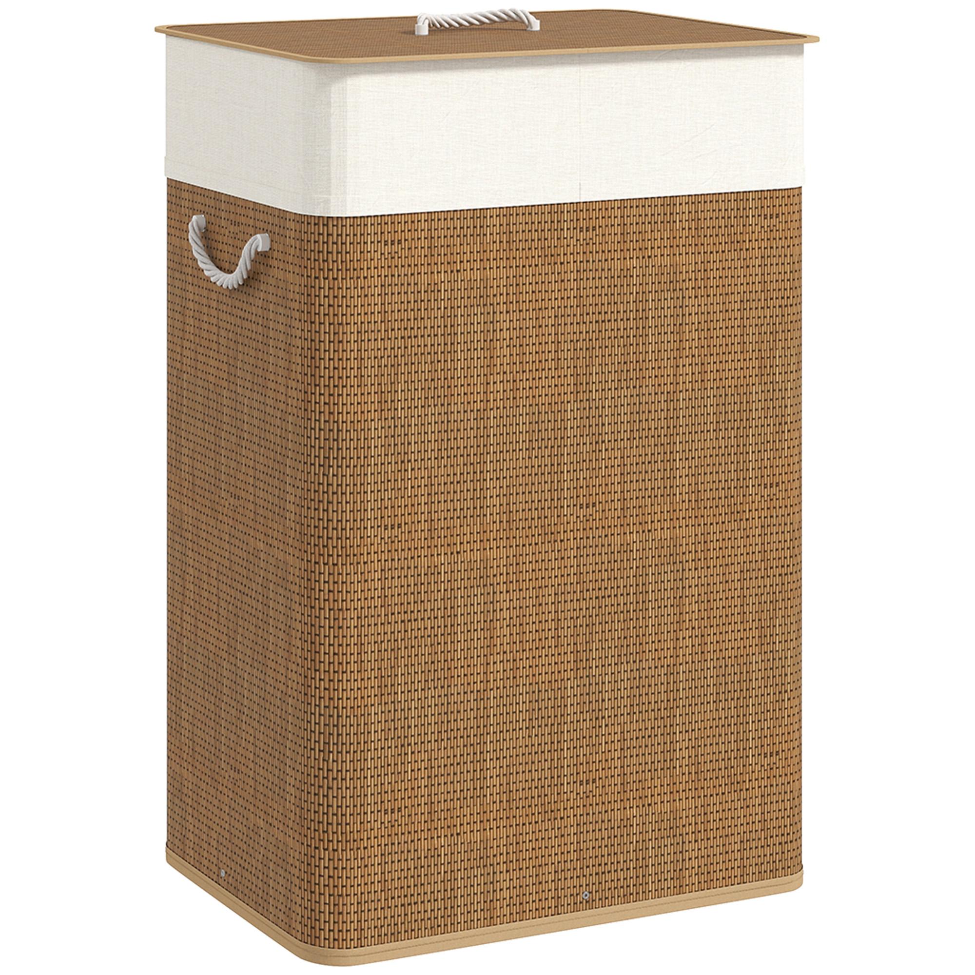 Cesto de Roupa com Tampa 72L Cesto de Roupa de Bambu com Bolsa Interior Removível e Alças 40x30x60 cm Madeira e Creme