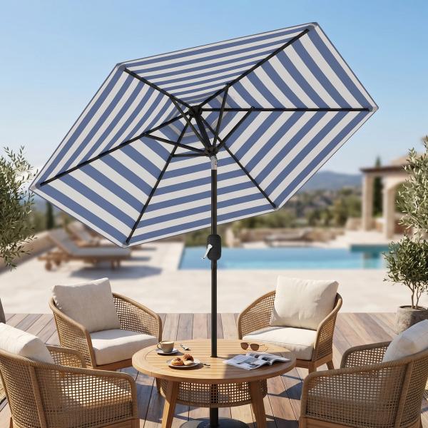 Chapéu de Sol Exterior Ø230 cm com Ângulo Ajustável e Manivela Impermeável Azul e Branco