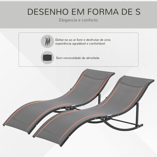 Conjunto 2 Espreguiçadeiras Ergonômicas Dobráveis em Forma de S com Estrutura de Alumínio Textilene para Piscina Pátio Jardim e Varanda 165x61x63cm Cinza