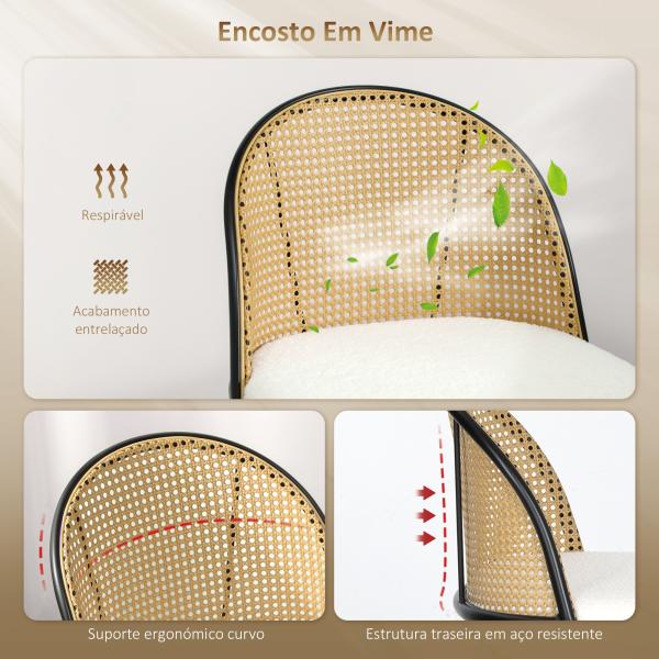 Conjunto de 2 Bancos de Bar Bancos Altos de Cozinha com Encosto de Vime Assento Estofado em Borrego 48x54x102 cm Creme