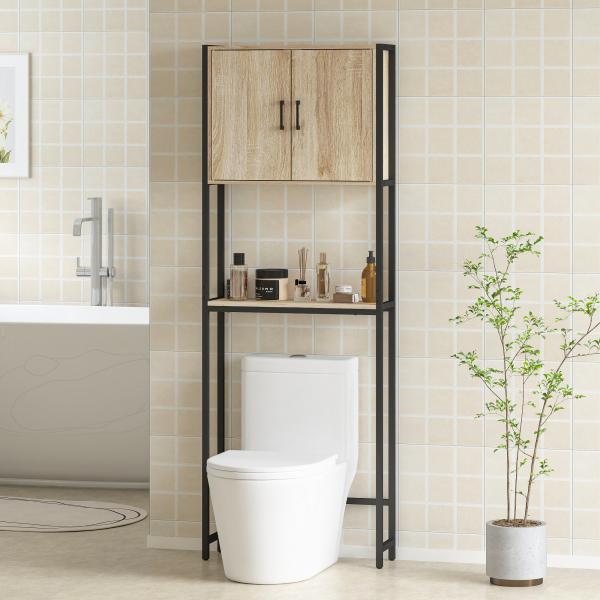 Móvel sobre Sanita com 2 Portas Prateleira Ajustável Prateleira Aberta Estante de Casa de Banho 64x19x178 cm Madeira