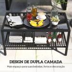 Mesa de Centro de Jardim em Ratã com Prateleira e Tampo de Vidro Temperado, Estrutura de Aço, 92x50x45 cm, Preto