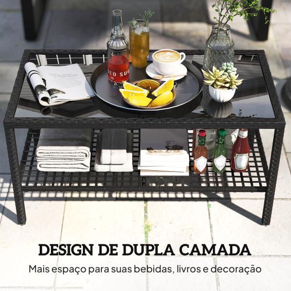 Mesa de Centro de Jardim em Ratã com Prateleira e Tampo de Vidro Temperado, Estrutura de Aço, 92x50x45 cm, Preto