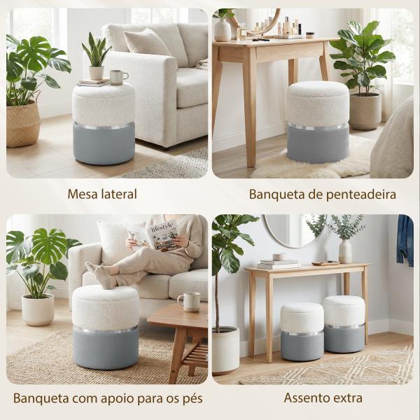 Conjunto de 2 Puffs de Arrumação Estofados em Chenille e PU Assento Acolchoado para Entrada Quarto Cinzento e Creme