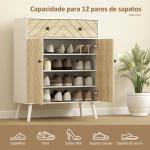 Sapateira de 2 Portas com Design em Espiga Prateleiras Ajustáveis Gaveta para 12 Pares de Sapatos 75x35x97 cm, Branco e Madeira