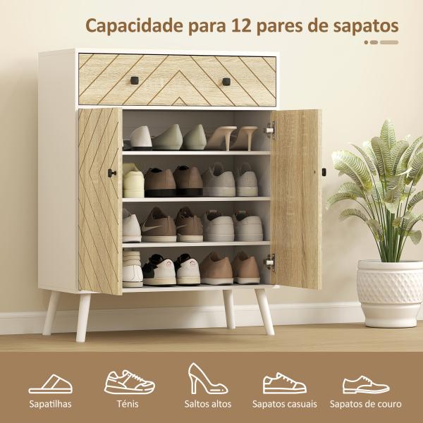 Sapateira de 2 Portas com Design em Espiga Prateleiras Ajustáveis Gaveta para 12 Pares de Sapatos 75x35x97 cm, Branco e Madeira