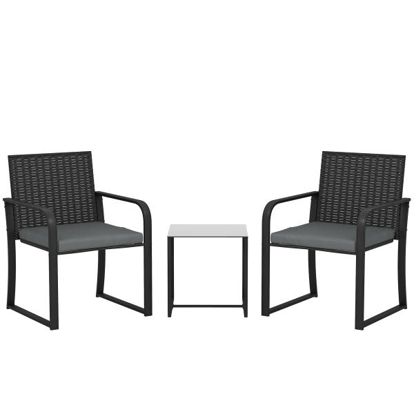 Conjunto de Jardim 3 Peças de Vime com 2 Cadeiras com Almofadas Tecido Textilene e Mesa de Vidro Temperado Cinza