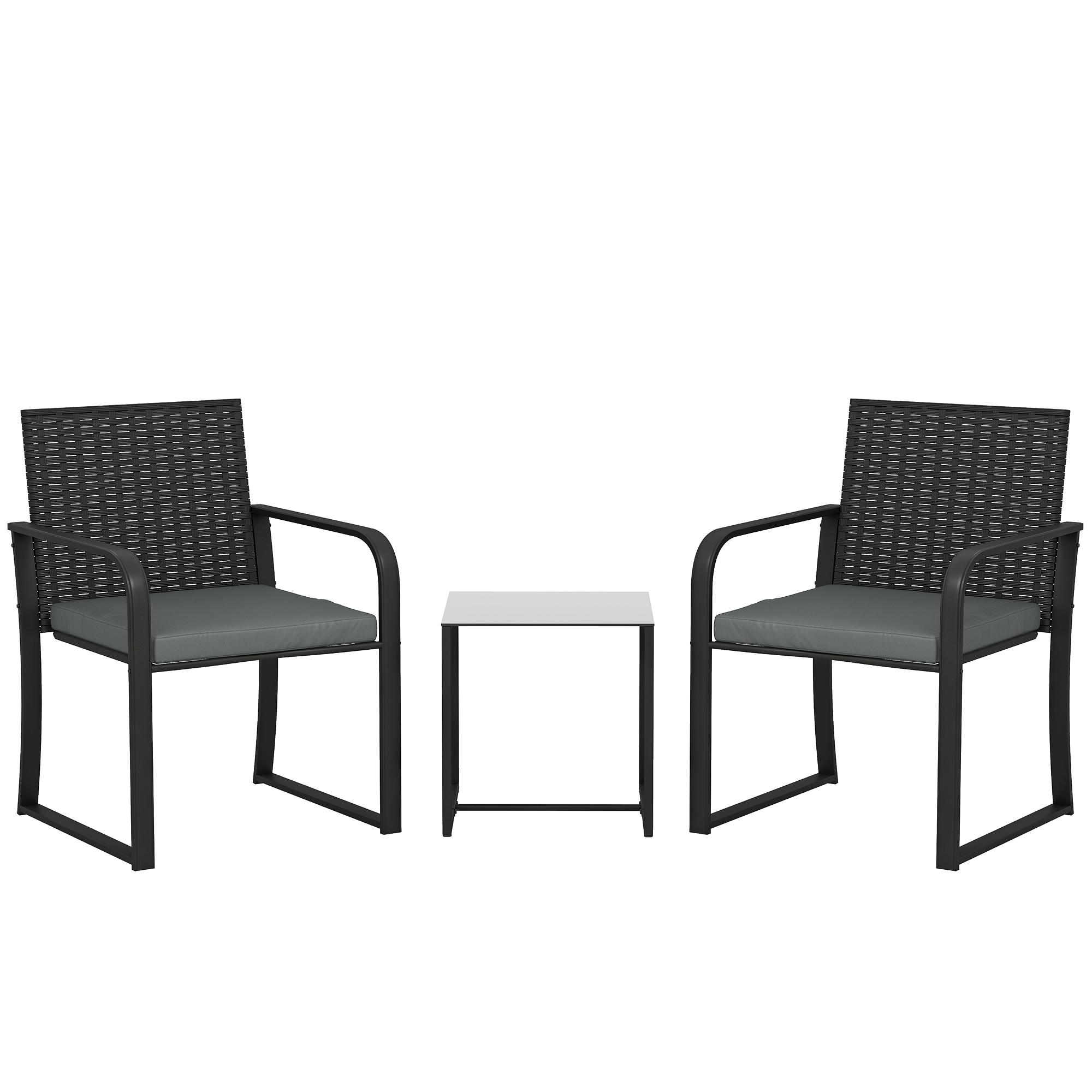 Conjunto de Jardim 3 Peças de Vime com 2 Cadeiras com Almofadas Tecido Textilene e Mesa de Vidro Temperado Cinza