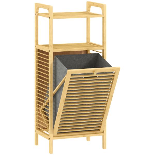 Armário para Roupa de Bambu Móvel Auxiliar para Casa de Banho 40x30x95 cm com 2 Prateleiras Abertas Cesto Amovível Madeira