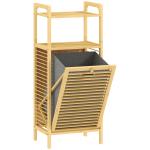 Armário para Roupa de Bambu Móvel Auxiliar para Casa de Banho 40x30x95 cm com 2 Prateleiras Abertas Cesto Amovível Madeira