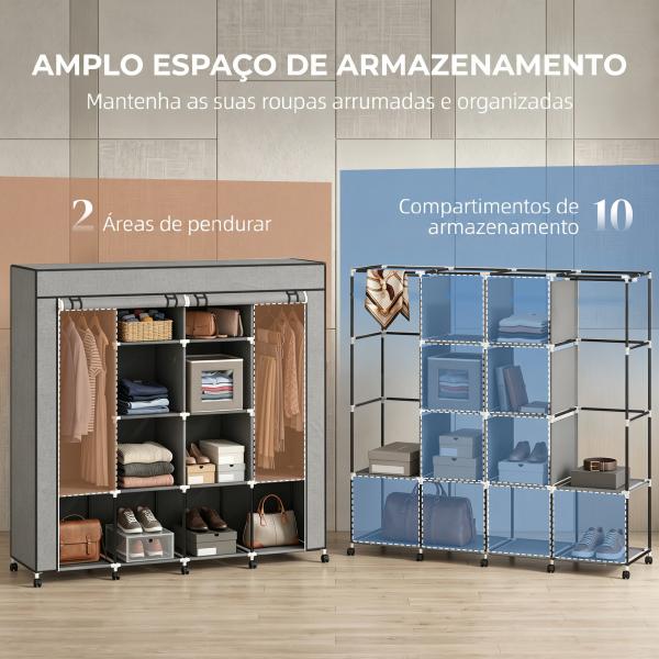 Armário de Tecido Portátil com Rodas, 10 Compartimentos, Espaço para Pendurar Roupa e Estrutura em Aço, Cinzento Escuro