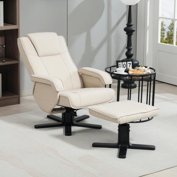 Poltrona Relax Reclinável com Apoio para os Pés Poltrona Giratória Estofada em Linho e Função Baloiço 67x87x96 cm Bege