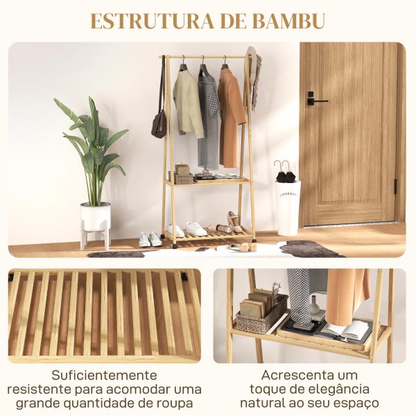 Charriot de Bambu para Roupa Charriot para Roupa com Rodas 2 Prateleiras Abertas e 2 Ganchos 84,5x43,5x158 cm Madeira